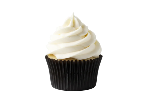 white icing white cupcake black cupcake liner white backdrop